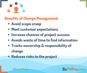 Change management helps avoid scope creep, meet customer expectations and reduces risks to the project. – 2Nrt8wTMfjYNwfr4jKDa